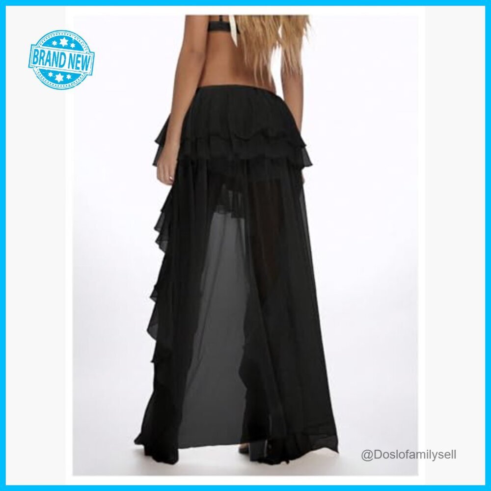 Boho Layered Ruffle Chiffon Maxi Skirt Y2K Elastic Cowgirl Western Asymmetrical - Picture 2 of 5